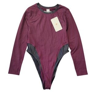Fabletics Karleen Bodysuit Violet Black Shine Long Sleeve Open Back S Athleisure
